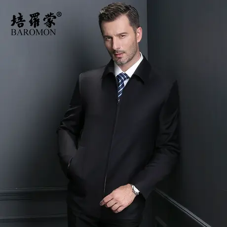 【行政夹克】培罗蒙春款中年男士短款藏青色外套翻领羊毛夹克衫商品大图