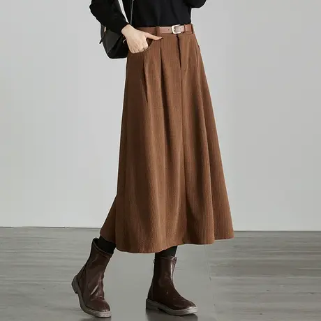 咖啡色裙子冬季半身裙女中长款2024新款秋冬灯芯绒a字裙条绒半裙图片