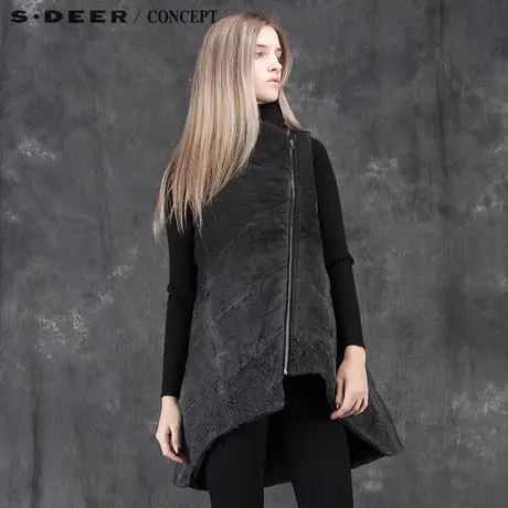 sdeer圣迪奥女装时尚做旧斜襟阔摆马甲甲S15481682商品大图