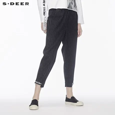 sdeer圣迪奥2019冬装新款黑白条纹松紧不规则裤脚长裤女S18460886商品大图