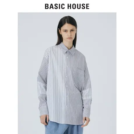 Basic House/百家好2021春秋韩风时尚不规则条纹宽松衬衫HVWS525B图片