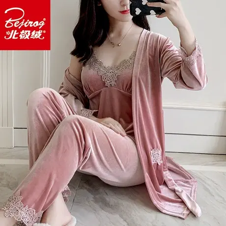 春秋睡衣女金丝绒性感睡裙长袖家居服带胸垫可外穿四件套长款睡袍商品大图