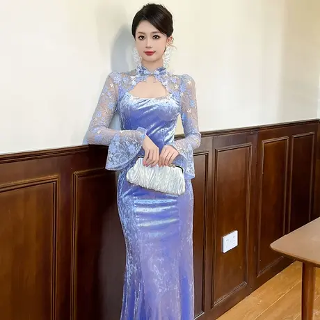 蕾丝长袖宫廷风包臀丝绒连衣裙性感优雅镂空新中式改良鱼尾旗袍裙商品大图