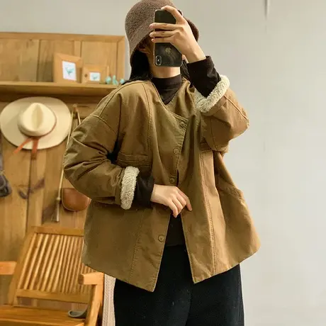 dza 复古短款圆领加绒棉衣外套女冬新款宽松棉服上衣休闲百搭棉袄商品大图