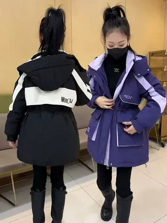 时尚派克白鸭绒羽绒服女中长款2023冬新款防风连帽冲锋衣保暖外套商品大图