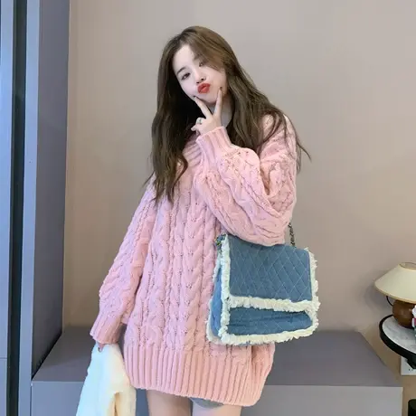 OtherMix 宽松慵懒风中长款毛衣女2023秋冬V领套头针织衫上衣外套图片