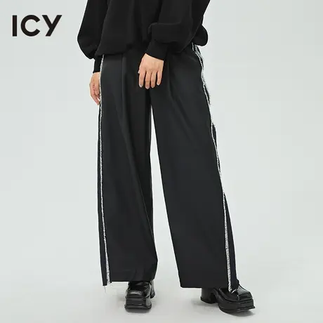icy春秋新款小众设计感棉料拼接毛边宽松显瘦阔腿休闲长裤女商品大图