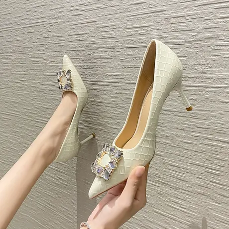 高跟鞋女2024新款百搭尖头水钻方扣细跟单鞋气质职业工作鞋不累脚图片