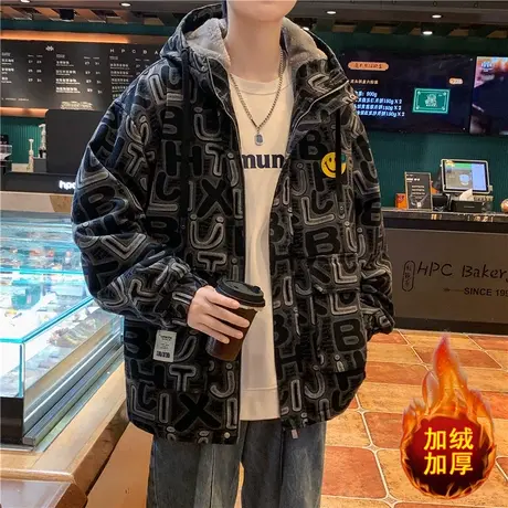 美式潮牌棉衣男冬季青少年学生加厚羊羔绒派克服痞帅宽松牛仔棉服商品大图