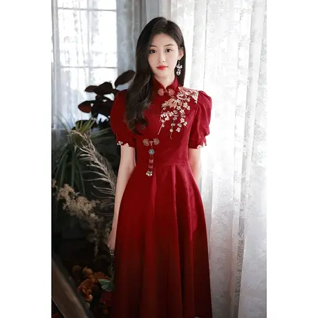 旗袍敬酒服新娘夏季酒红色结婚订婚回门礼服连衣裙法式刺绣中长款商品大图