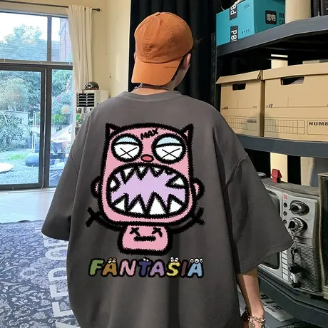 潮流美式小恶魔印花宽松短袖t恤男夏季薄款透气纯棉半袖体恤打底商品大图