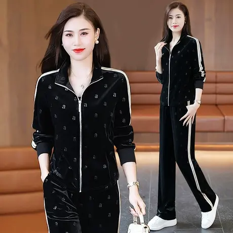 时尚金丝绒直筒裤休闲套装女士2024年春秋新款洋气修身运动两件套图片