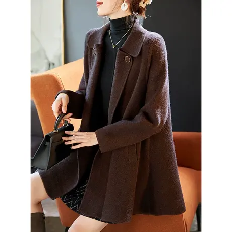 宝诗黎翻领宽松亮丝毛呢外套女2024春季新款气质韩系宽松纯色大衣图片