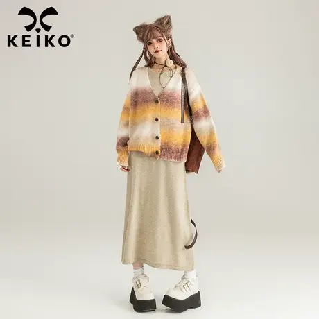 KEIKO 绒感渐变条纹毛衣外套2024早春慵懒风羊毛混纺V领针织开衫图片