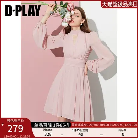 DPLAY2023秋装新温柔仙女风花簇粉重工压褶度假氛围感雪纺连衣裙商品大图