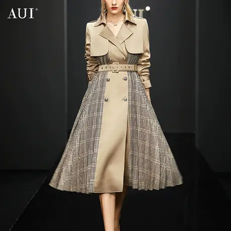 AUI高端设计感风衣外套女2023秋新款气质英伦风收腰拼接格子大衣商品大图