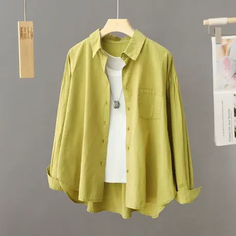 果绿色纯棉休闲衬衫式外套女开衫简约纯色打底衫衬衣长袖洋气上衣商品大图