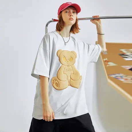 潮牌中性风可爱小熊绒布刺绣短袖T恤男ins宽松美式潮流情侣装夏季商品大图