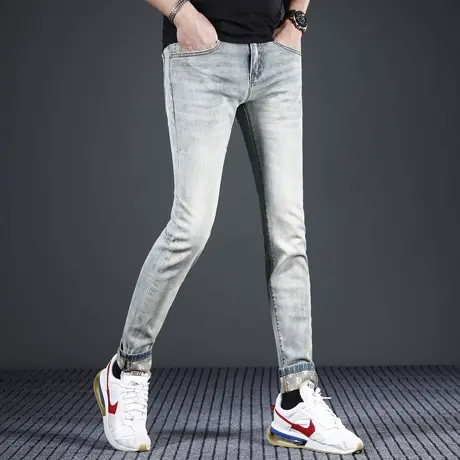 高端春季牛仔裤男款修身小脚裤2024新款复古浅色弹力休闲男士裤子商品大图