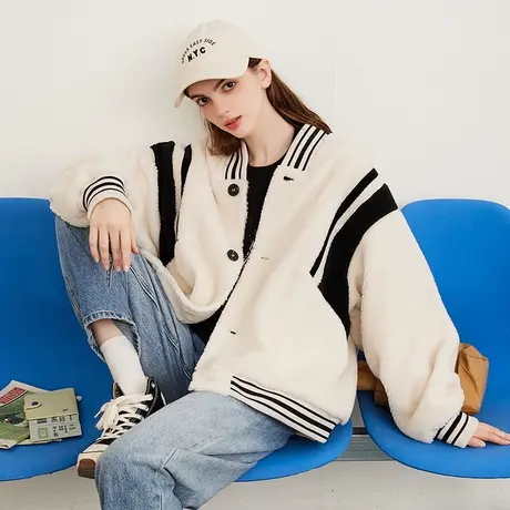 a02秋冬款撞色拼接后背重工毛巾绣宽松百搭女式棉衣图片