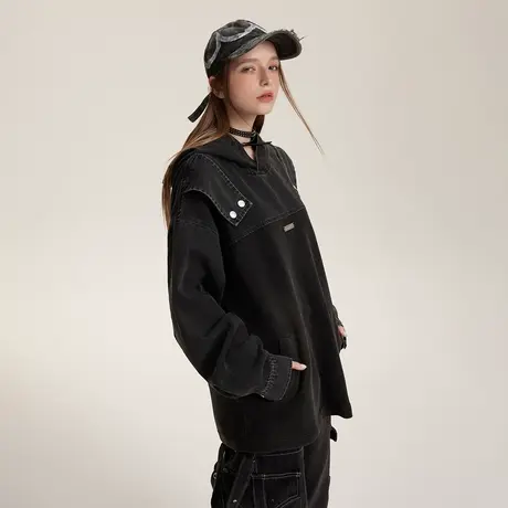 复古潮牌黑色拼接牛仔外套女2024春季新款套头情侣装夹克宽松上衣商品大图