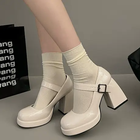 法式粗跟玛丽珍鞋女鞋2024春秋季单鞋新款婚鞋百搭小个子超高跟鞋图片