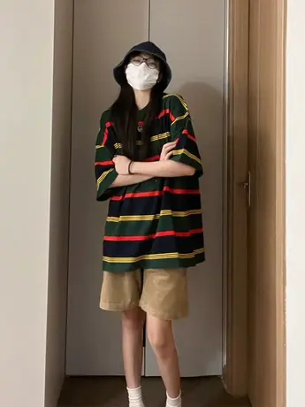 纯棉圆领短袖t恤女潮牌条纹日系复古口袋设计感小众港味chic上衣商品大图