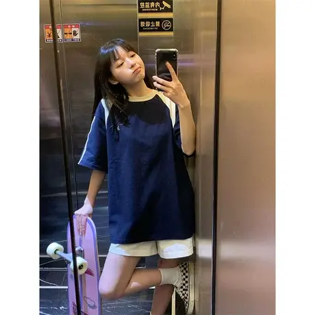 插肩撞色短袖t恤女夏季小个子宽松休闲小众设计感港风chic上衣潮商品大图