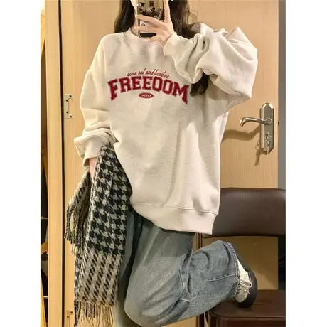 春秋薄款圆领卫衣女潮牌宽松设计感小众休闲港味复古chic上衣无帽商品大图