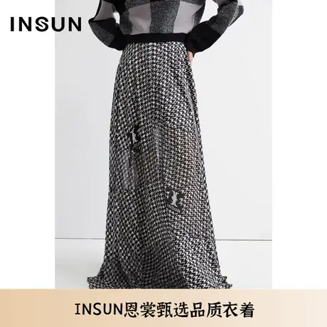 INSUN恩裳夏季千鸟格大摆桑蚕丝半身裙图片