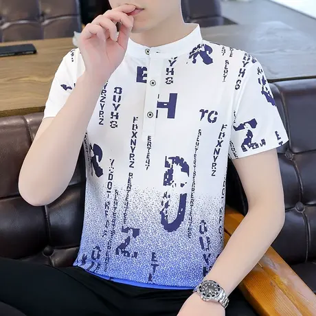 2023夏季立领短袖t恤男青少年学生渐变色印花纯棉半袖体恤打底衫图片
