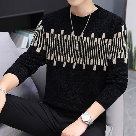 雪尼尔毛衣男士圆领冬季加厚百搭针织衫加绒保暖内搭上衣线衣潮流商品大图