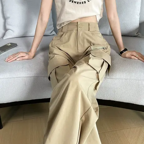 卡其色美式复古工装裤女春秋2024新款高腰宽松直筒休闲运动阔腿裤商品大图