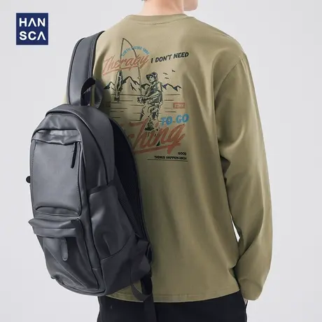 hansca 260g重磅长袖t恤男春季纯棉字母印花美式圆领套头内搭上衣商品大图