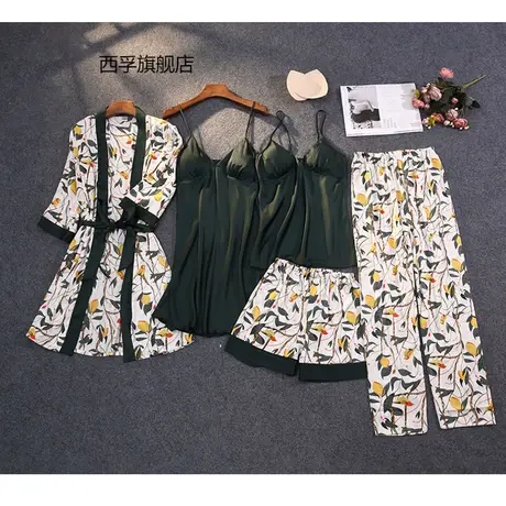 女士家居服五件套性感睡衣带罩杯仿真丝睡衣现货图片