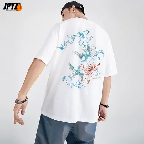 国潮中国风衣服白色刺绣短袖t恤男夏季宽松大码凤凰潮牌重磅半袖商品大图
