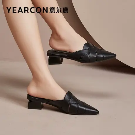 意尔康女鞋春夏尖头中跟半包头穆勒鞋凉拖外穿懒人鞋凉鞋粗跟休闲商品大图