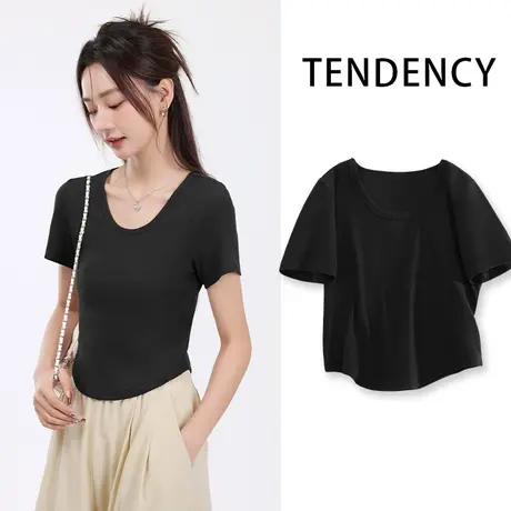 KV真维斯黑色甜辣小上衣 辣妹风圆领紧身螺纹辣短袖t恤女夏季短款图片