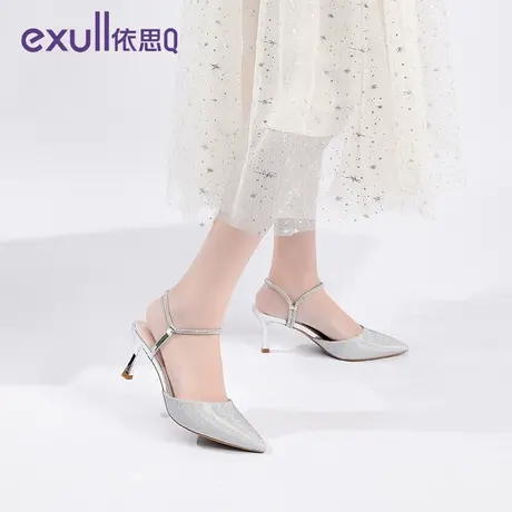 依思q凉鞋女秋季2023年新款尖头高跟鞋一字带两穿包头凉拖鞋商品大图