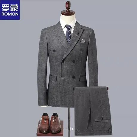 罗蒙西服套装条纹双排扣西装男英伦商务休闲正装结婚礼服套装商品大图