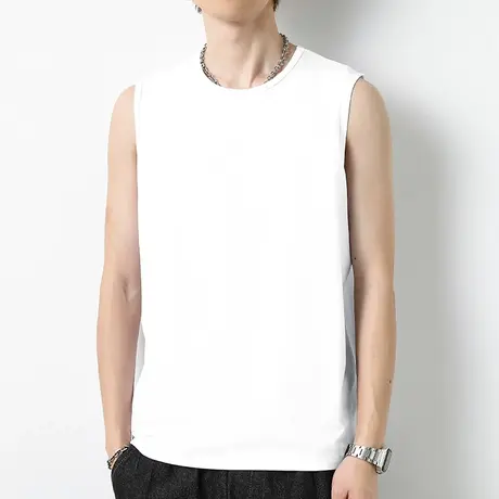 莫代尔运动背心男夏季冰丝纯色白色无袖t恤汗衫坎肩跨栏篮球健身商品大图