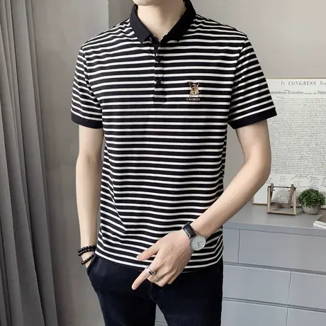 短袖t恤男2023夏装新款翻领POLO衫时尚潮牌韩版冰感休闲条纹半袖商品大图