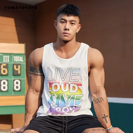 TOMATOPAPA原创背心男23夏ins彩虹字母印花logo潮流吸汗马甲上衣商品大图