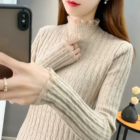 2023秋冬新款韩版打底衫毛衣女蕾丝半高领弹力修身针织衫女套头图片