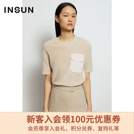 恩裳春秋季商场同款时尚简约兜袋拼接装饰休闲棉质毛针织衫图片