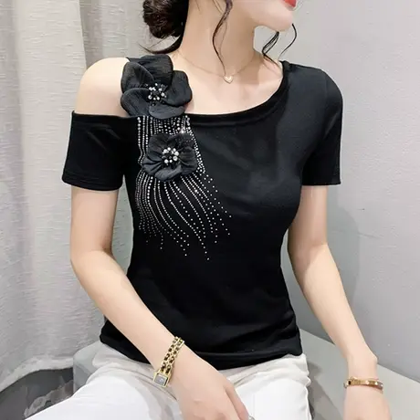 性感露肩上衣女短袖欧货设计感花朵气质T恤百搭修身小衫烫钻夏装商品大图