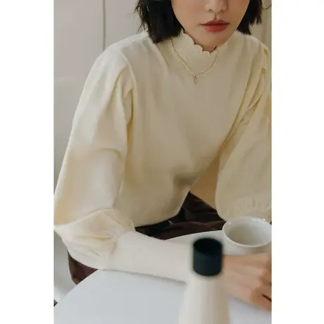 弥古白色灯笼袖打底毛衣半高领女高级感秋冬泡泡袖内搭针织衫上衣商品大图