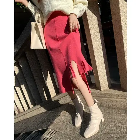 针织裙半身裙秋冬女2022中长新款破边设计感开叉显瘦包臀一步裙子图片