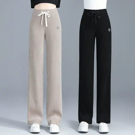 雪尼尔阔腿裤女春秋新款松紧腰抽绳垂感直筒裤宽松百搭窄版休闲裤图片