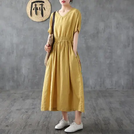 DZA气质鹅黄色棉麻连衣裙子女短袖宽松苎麻长裙夏季2022新款A字裙图片